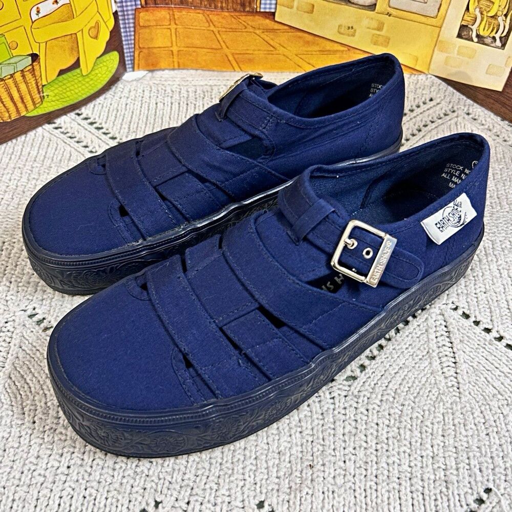 Vintage Earth Shoe Womens 7.5 Blue Canvas Fisherman Sandals Caged Lug Sole Y2K